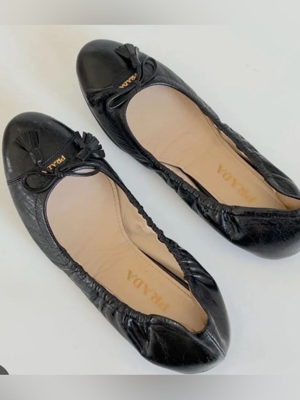Prada Black Leather Ballet Flats Tassel Logo Size 37 (US 7) w/ Box